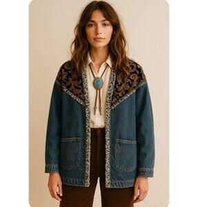 Upcycled Levi’s Boho Western Denim Jacket Coastal Cowgirl Fringe Horseshoe Print